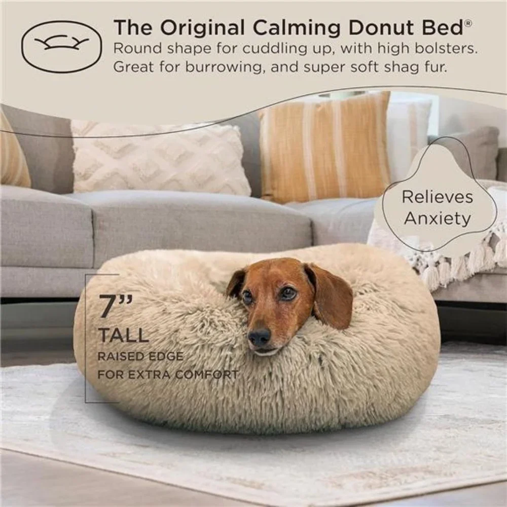 The Original Calming Donut Cat and Dog Bed in Shag Fur Taupe, Small 23